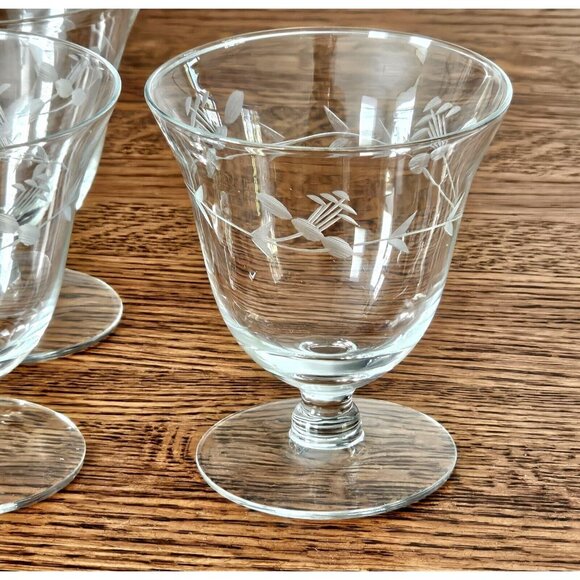 Etched Floral Vine Cocktail Glasses MCM dessert footed short stem oyster cup (3 - Picture 6 of 9